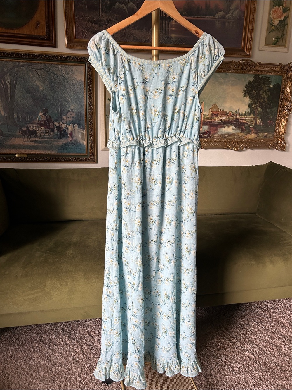 Cottagecore Max Studio Light Blue Floral Ruffle Maxi Dress - Picture 7 of 9
